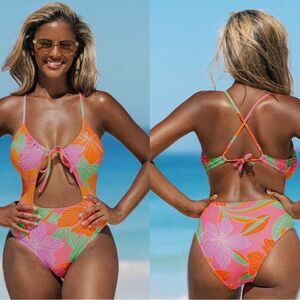 NWT Tropical Floral Impressions Cutout One Piece Swimsuit Hot Neon Pink Size S